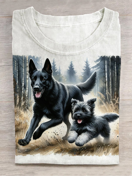 Dog Print Unisex Crew Neck Short Sleeve Casual T-Shirt