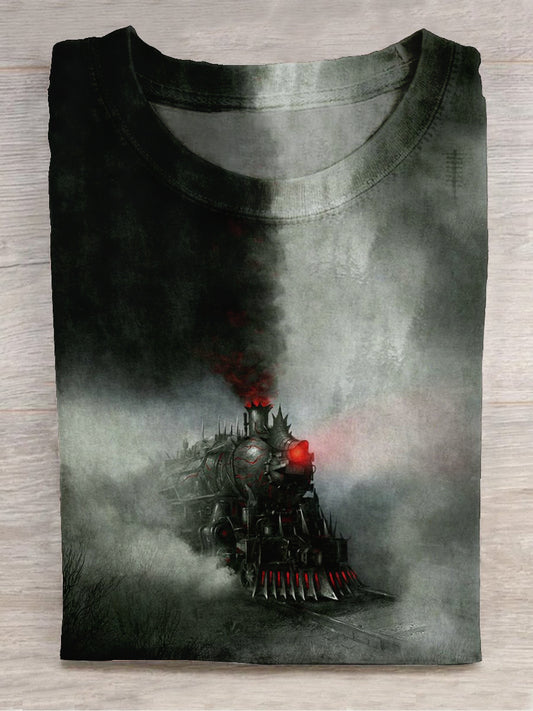 Horror Ghost Steam Train Art Print Unisex Round Neck Short Sleeve Casual T-Shirt