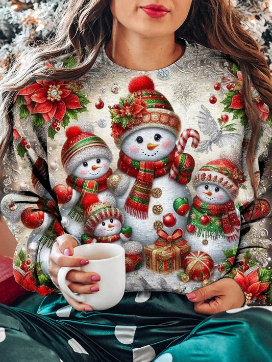 Women's Christmas Snowman Pattern Casual Round Neck Long Sleeve Sweatshirt