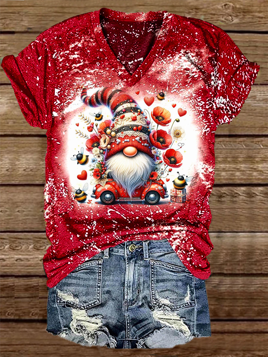 Unisex Christmas Gnome Pattern Casual V-Neck Short Sleeve T-Shirt