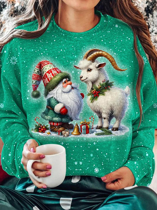 Women's Christmas Gnome and Sheep Pattern Casual Round Neck Long Sleeve Sweatshirt