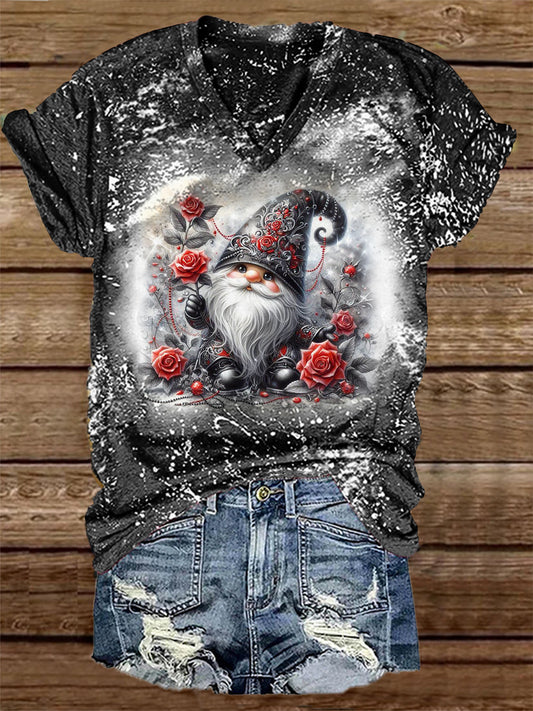 Unisex Christmas Gnome Pattern Casual V-Neck Short Sleeve T-Shirt