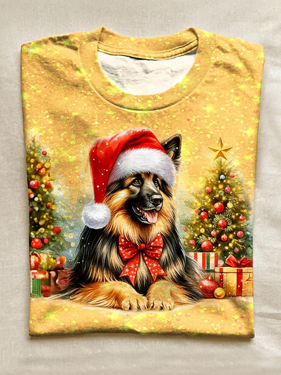 Unisex Christmas Dog Pattern Casual Round Neck Short Sleeve T-shirt