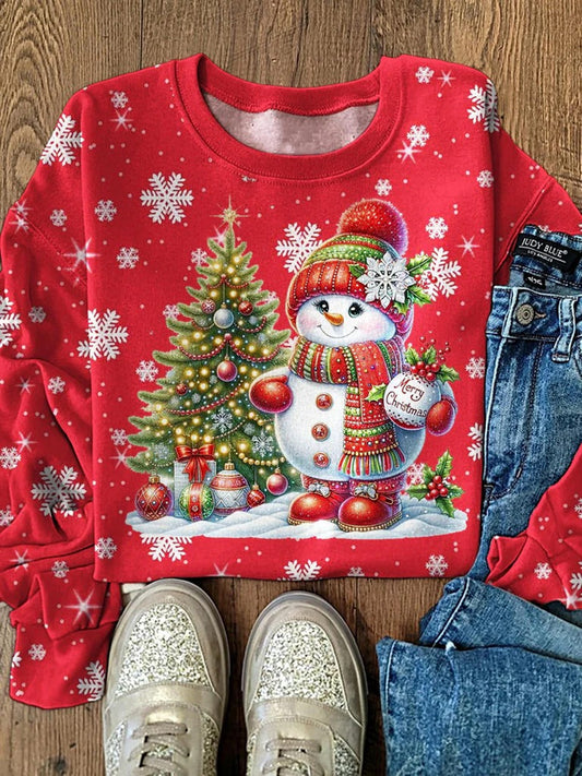 Women's Christmas Snowman Tree Pattern Casual Round Neck Long Sleeve Sweatshirt