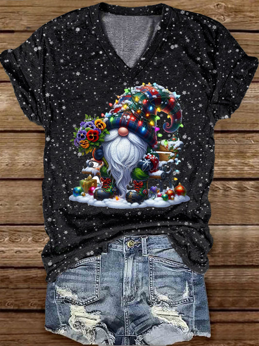 Unisex Christmas Gnome Pattern Casual V-Neck Short Sleeve T-Shirt