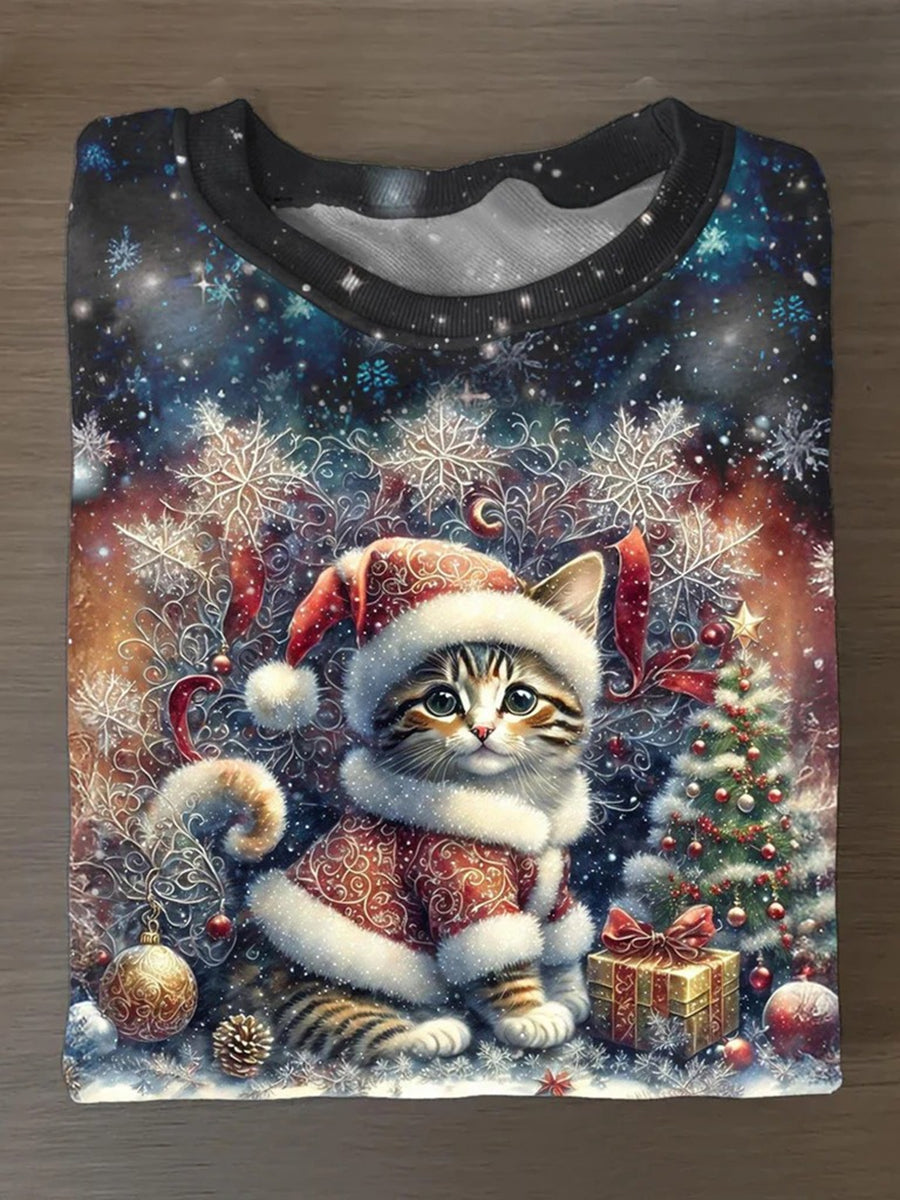 Unisex Christmas Cat Pattern Casual Round Neck Short Sleeve T-Shirt