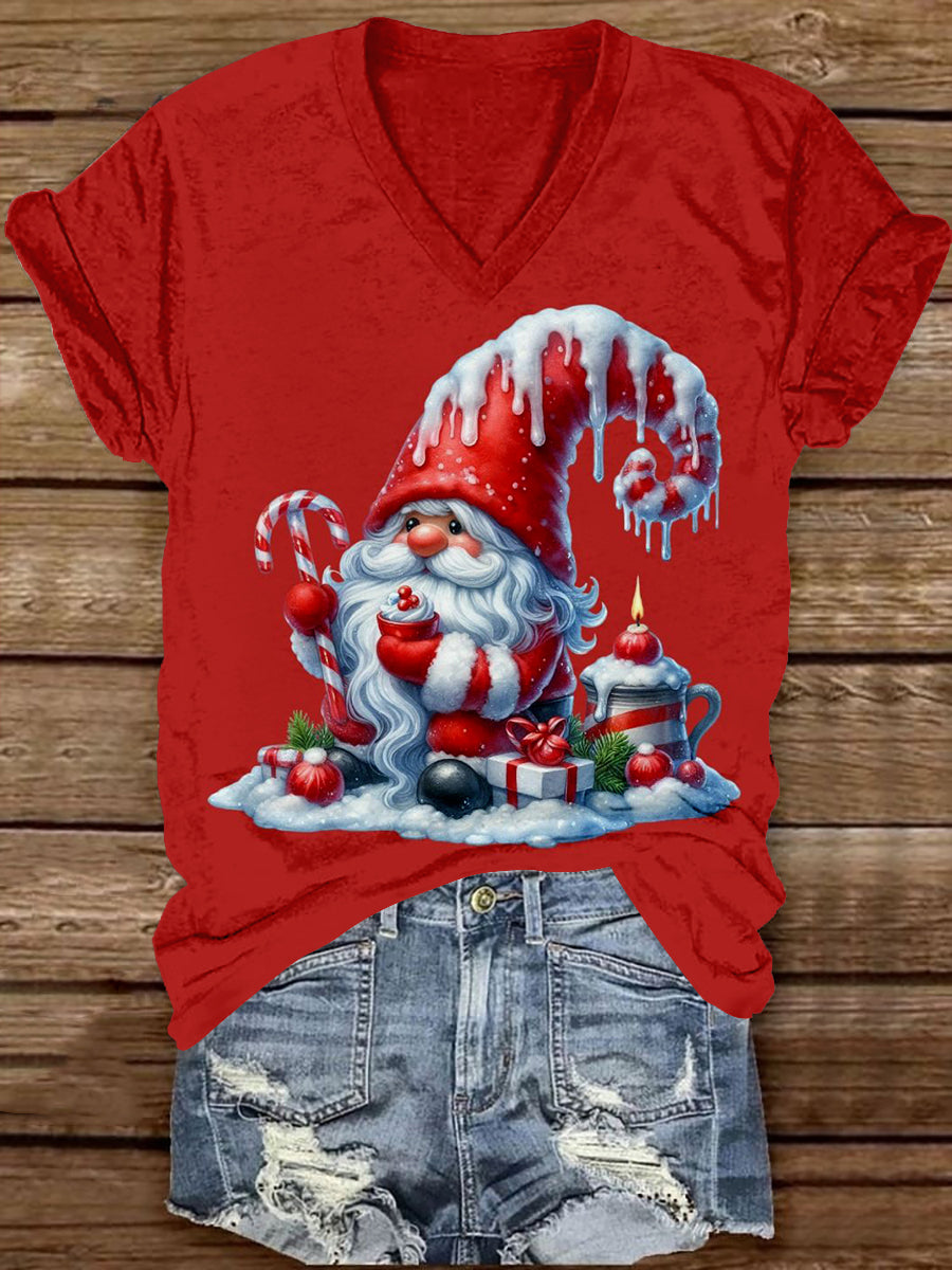 Christmas Gnome Art Print Unisex V-Neck Short Sleeve Casual T-Shirt