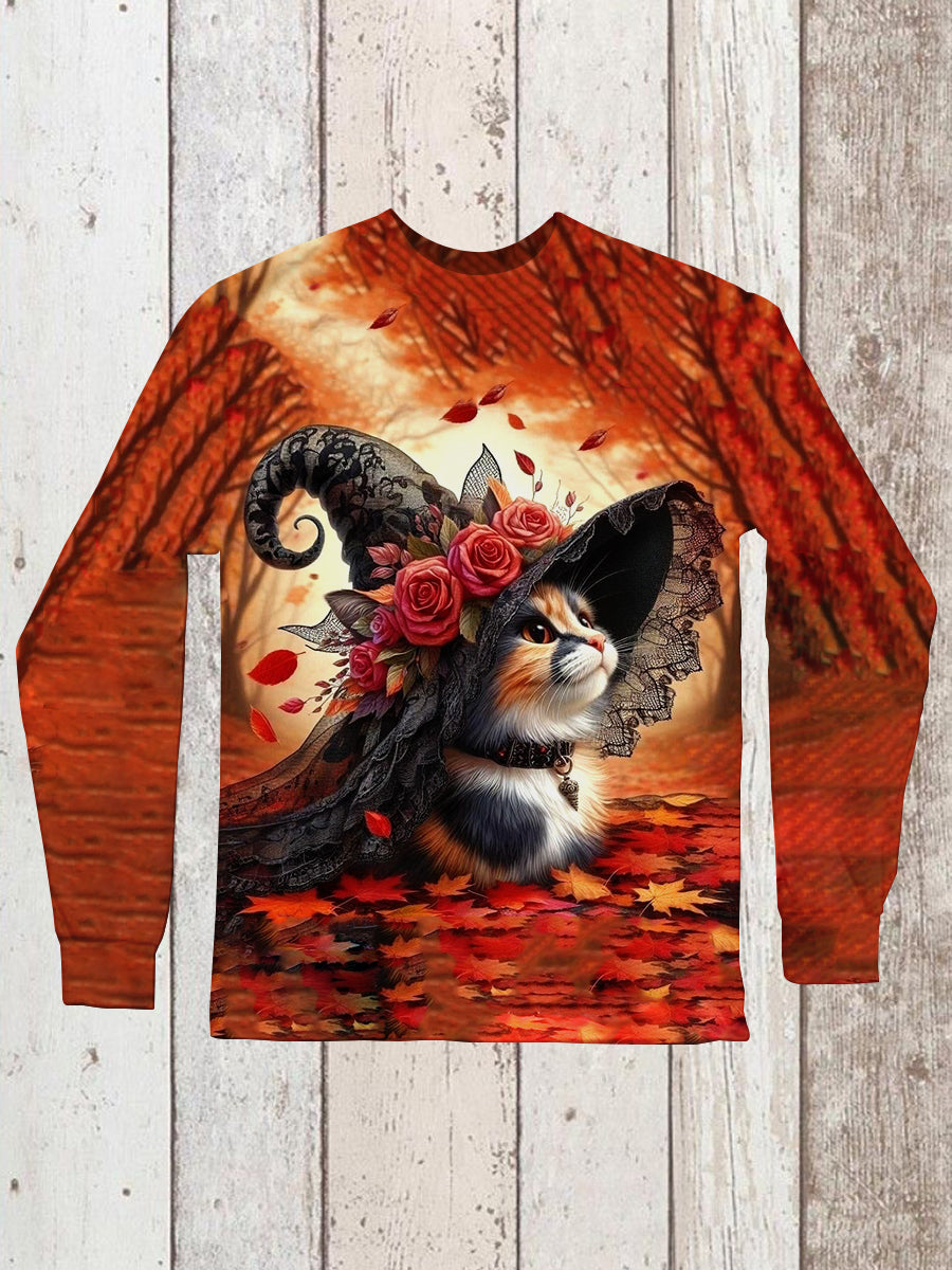 Cat Witch Art Print Unisex Round Neck Long Sleeve Casual T-Shirt