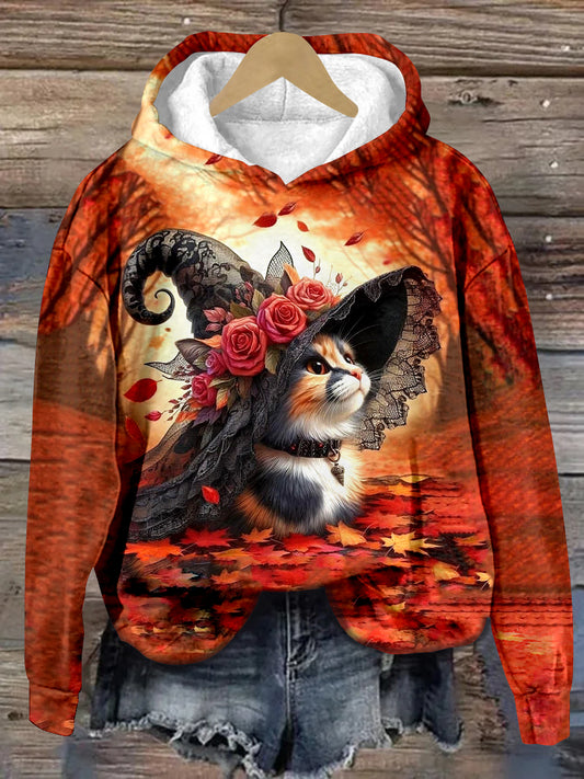 Cat Witch Art Print Unisex Long Sleeve Casual Hooded Sweatshirt