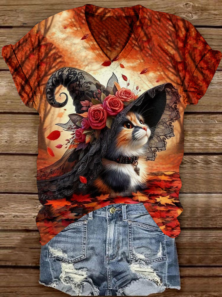 Cat Witch Art Print Unisex V-Neck Short Sleeve Casual T-Shirt