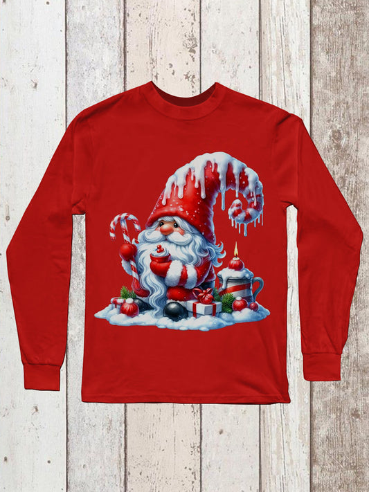 Christmas Gnome Art Print Unisex Crew Neck Long Sleeve Casual T-Shirt