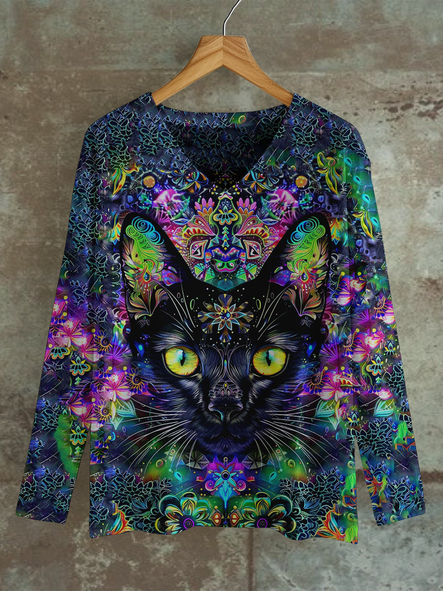 Cat Retro Print Unisex V-Neck Long Sleeve Casual T-Shirt