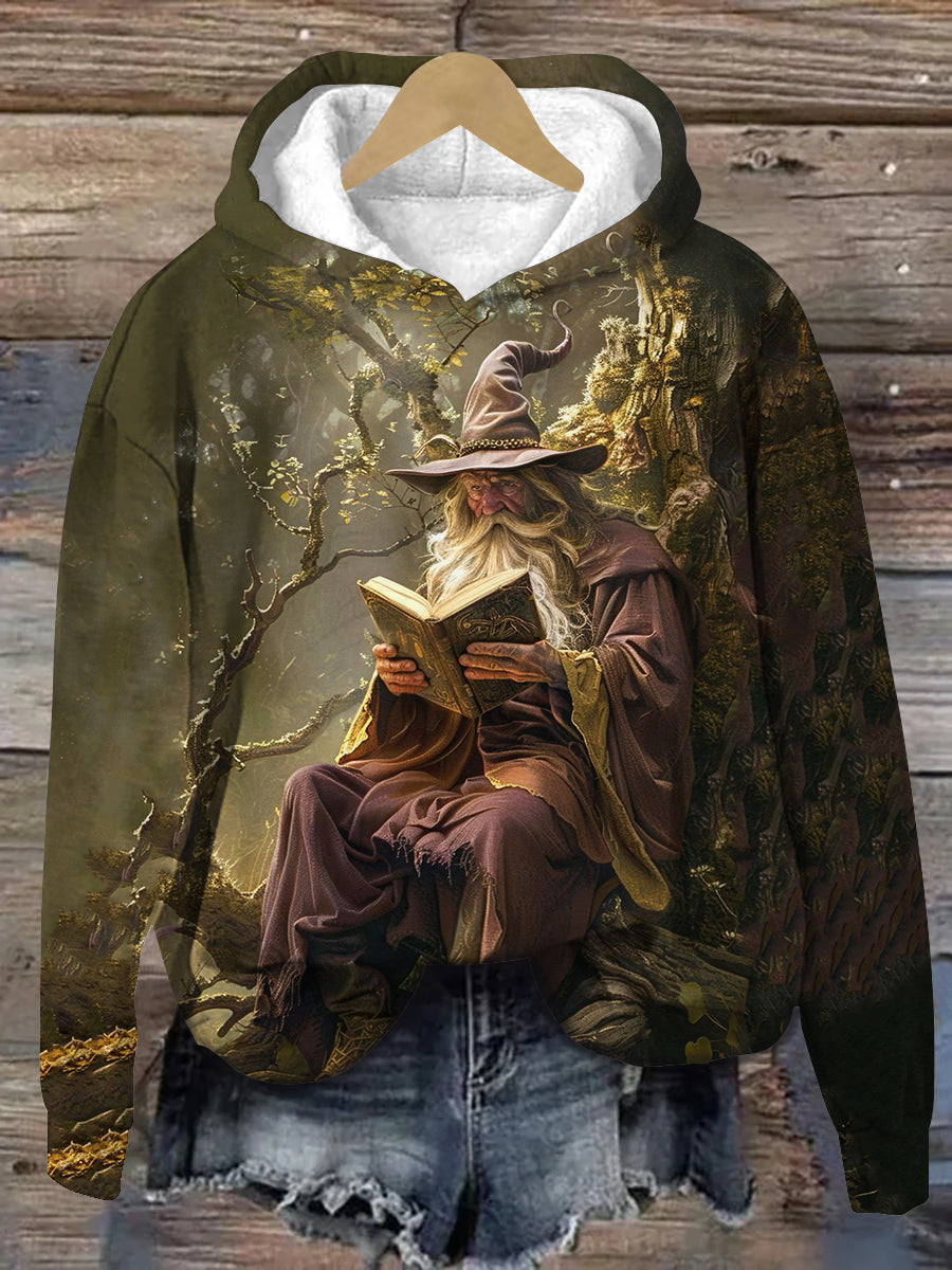 Wizard Reading Magic Book Art Print Unisex Long Sleeve Casual Hooded Sweatshirt