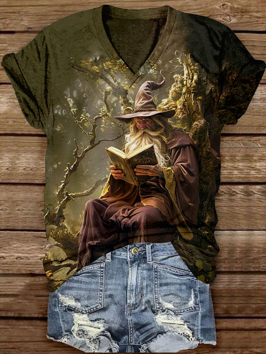 Wizard Reading Magic Book Art Print Unisex V-neck Short Sleeve Casual T-shirt