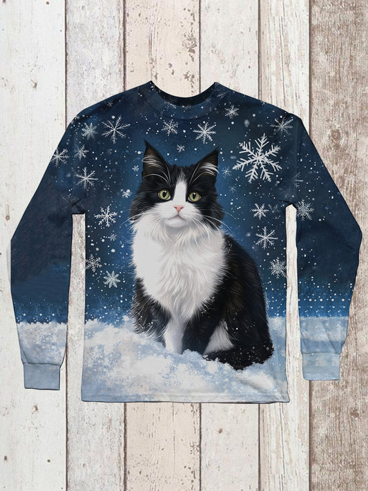 Cat Snowflake Art Print Unisex Round Neck Long Sleeve Casual T-Shirt