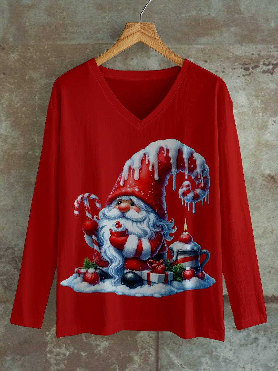 Christmas Gnome Art Print Unisex V-Neck Long Sleeve Casual T-Shirt