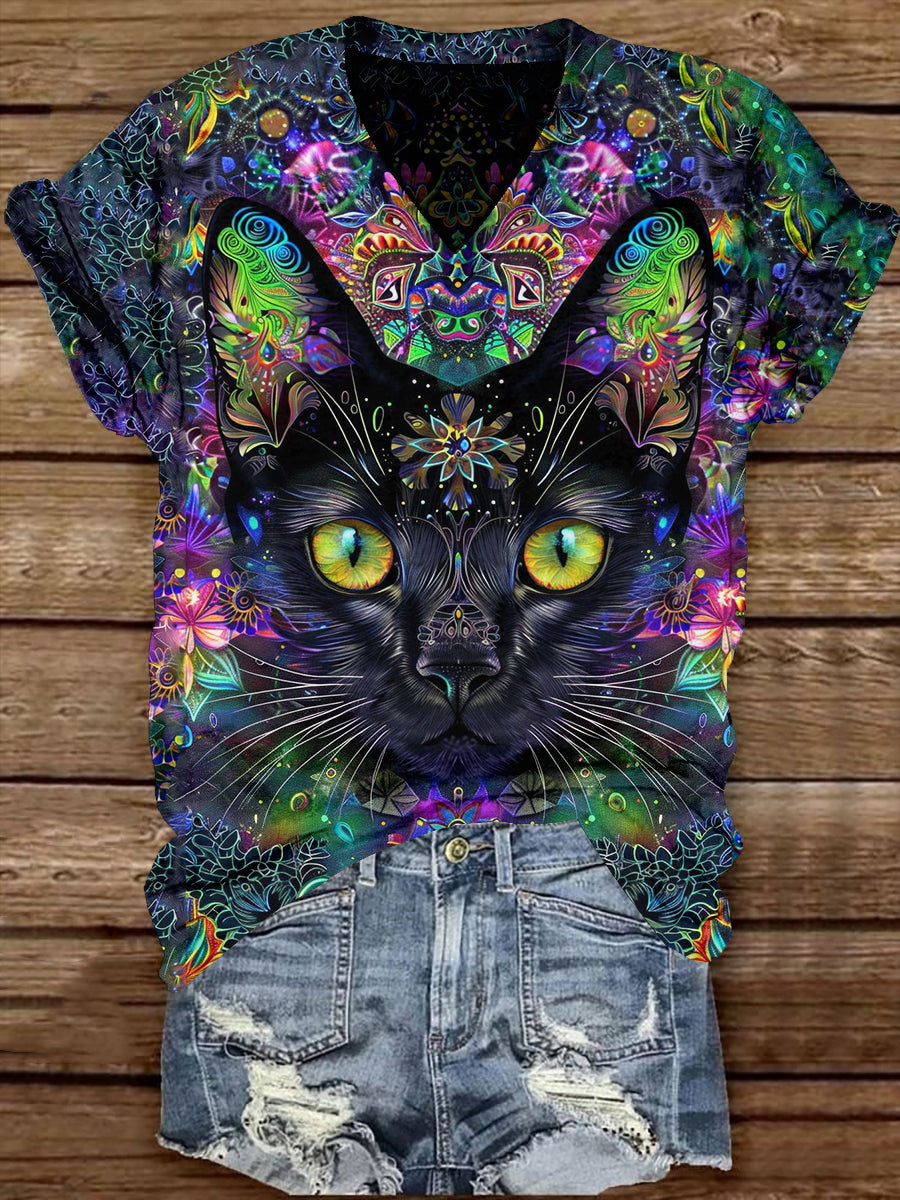 Cat Retro Print Unisex V-Neck Short Sleeve Casual T-Shirt