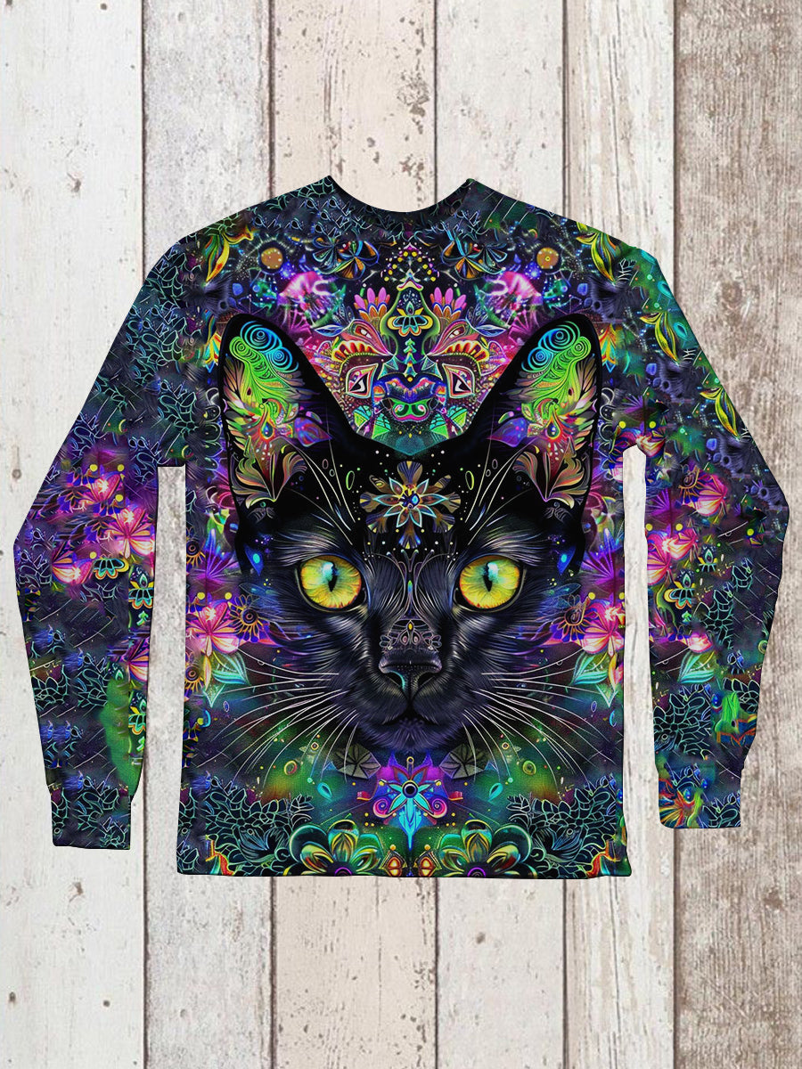 Cat Retro Print Unisex Crew Neck Long Sleeve Casual T-Shirt