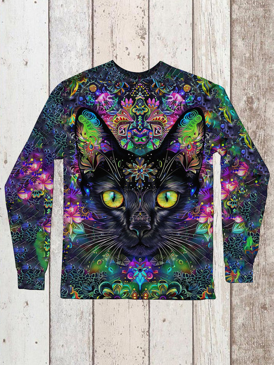 Cat Retro Print Unisex Crew Neck Long Sleeve Casual T-Shirt