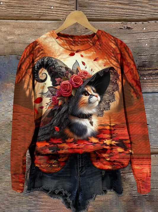 Cat Witch Art Print Unisex Crew Neck Long Sleeve Casual Sweatshirt