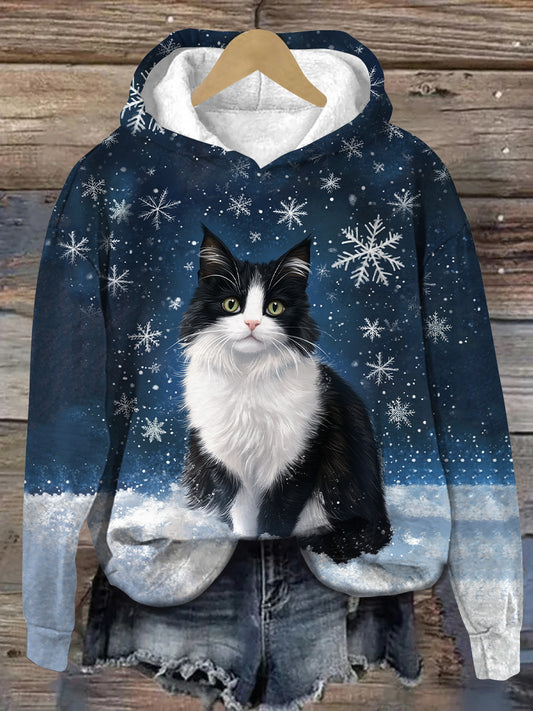 Cat Snowflake Art Print Unisex Long Sleeve Casual Sweatshirt