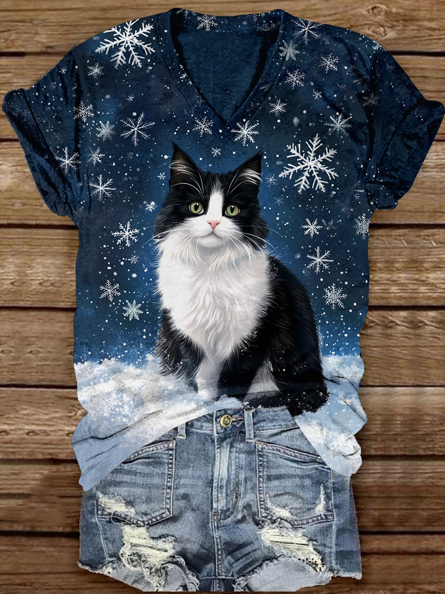 Cat Snowflake Art Print Unisex V-Neck Short Sleeve Casual T-Shirt