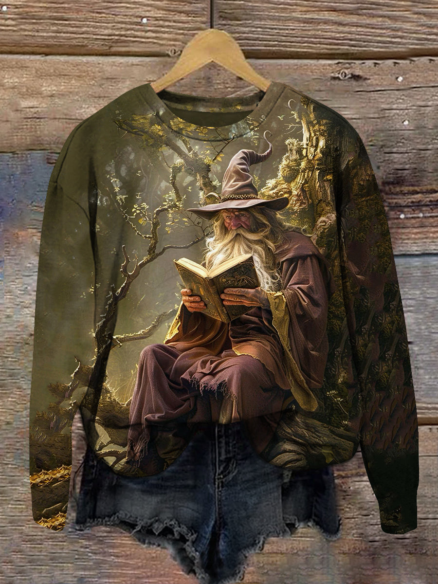 Wizard Reading Magic Book Art Print Unisex Crew Neck Long Sleeve Casual Sweatshirt