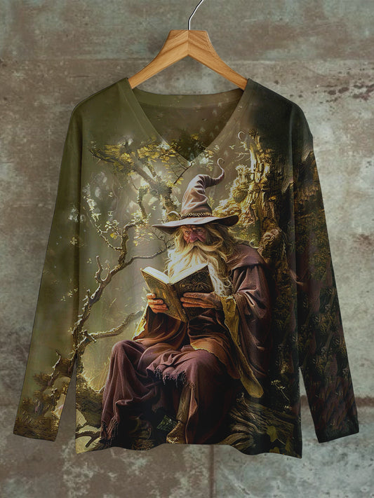 Wizard Reading Magic Book Art Print Unisex V-Neck Long Sleeve Casual T-Shirt