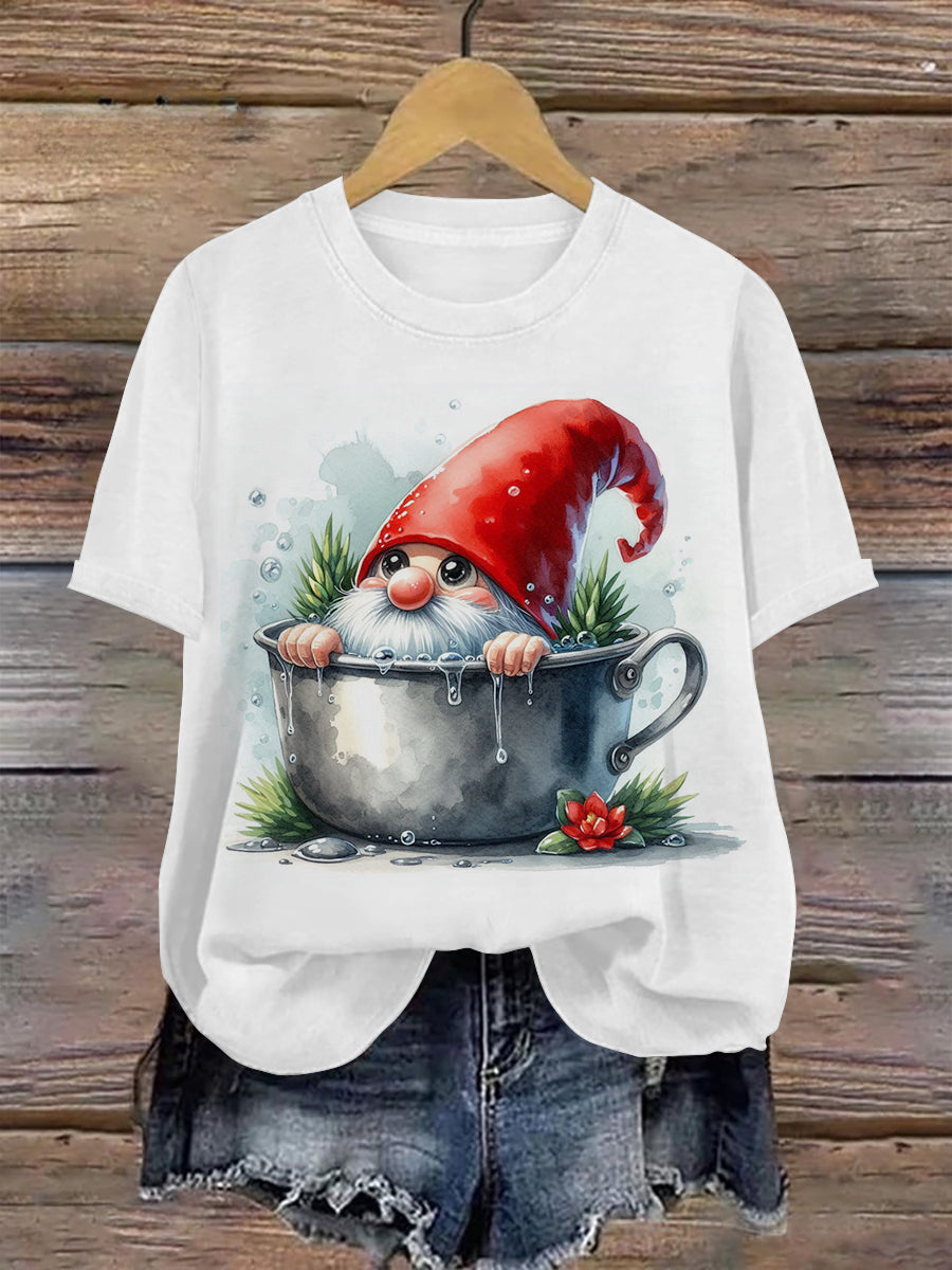 Christmas Gnome Art Print Unisex Crew Neck Short Sleeve Casual T-Shirt