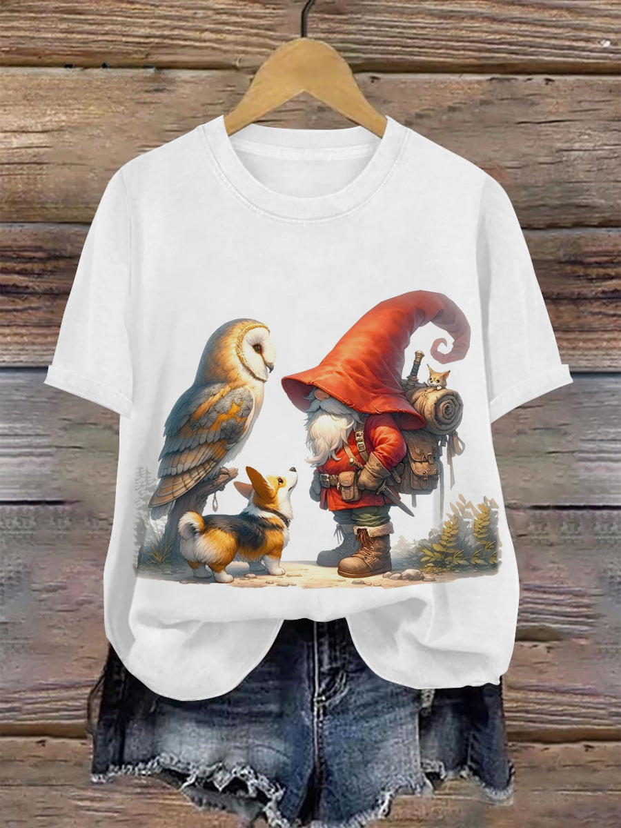 Christmas Gnome Art Print Unisex Crew Neck Short Sleeve Casual T-Shirt