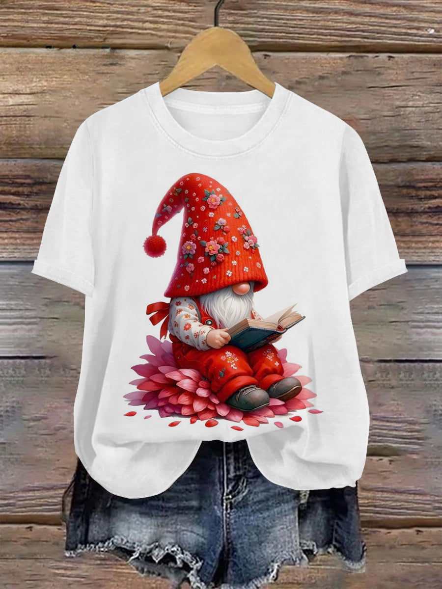 Christmas Gnome Art Print Unisex Crew Neck Short Sleeve Casual T-Shirt