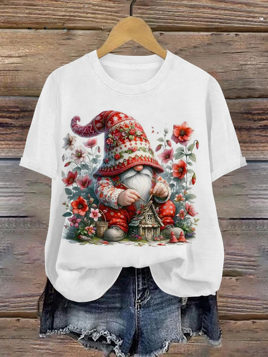 Christmas Gnome Art Print Unisex Crew Neck Short Sleeve Casual T-Shirt