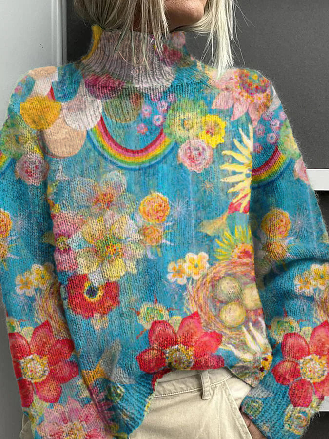 Women's Floral Rainbow Pattern Warm Casual Turtleneck Sweater