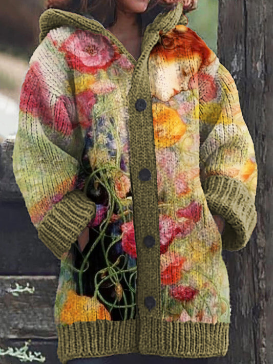 Women's Vintage Character Floral Pattern Casual Comfortable Knitted Hooded Cardigan