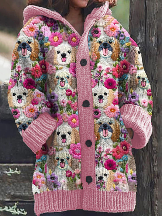 Women's Dog Floral Pattern Casual Comfortable Knitted Hooded Cardigan