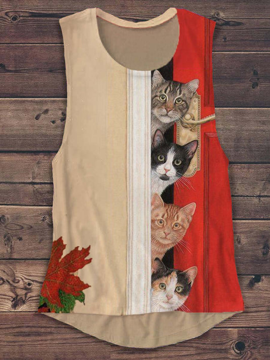 Unisex Fun Cat Color Contrast Pattern Casual Round Neck Sleeveless Tank Top