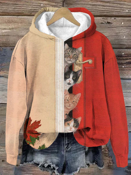 Unisex Fun Cat Contrast Pattern Casual Hooded Sweatshirt