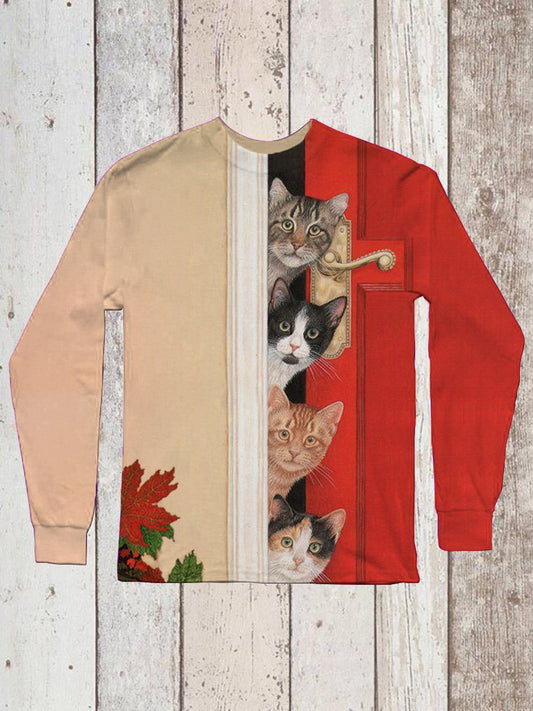 Unisex Fun Cat Contrast Pattern Casual Round Neck Long Sleeve T-Shirt