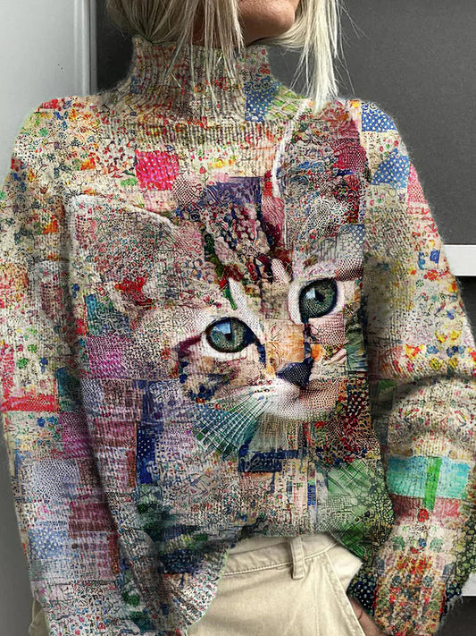 Women's Cat Patchwork Pattern Warm Casual Turtleneck Sweater