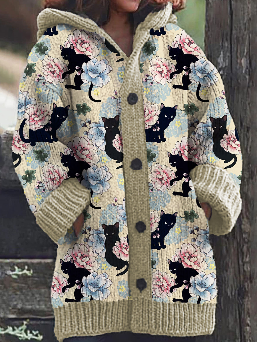 Women's Black Cat Floral Pattern Casual Comfortable Knitted Hooded Cardigan