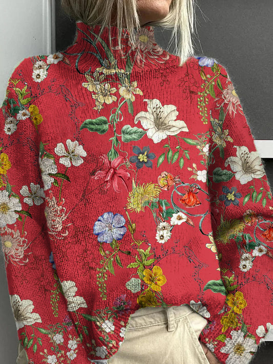 Women's Retro Floral Pattern Warm Casual Turtleneck Sweater