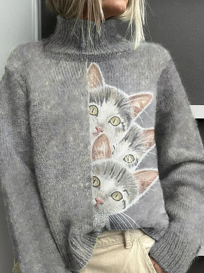 Women's Cat Pattern Warm Casual Turtleneck Sweater