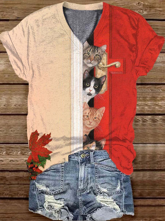 Unisex Fun Cat Contrast Pattern Casual V-Neck Short Sleeve T-Shirt