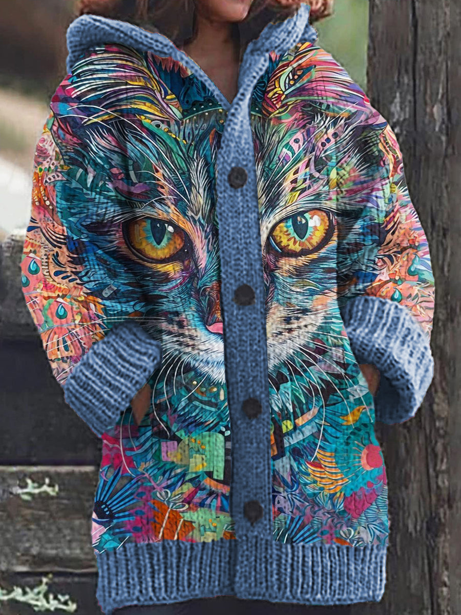 Women's Cat Pattern Casual Comfortable Knitted Hooded Cardigan