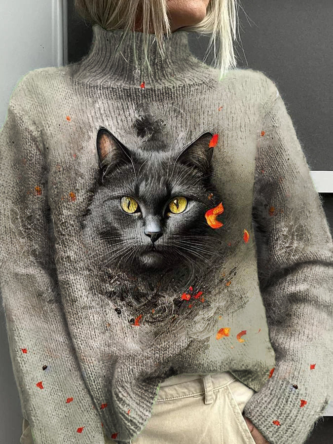 Women's Cat Pattern Warm Casual Turtleneck Sweater