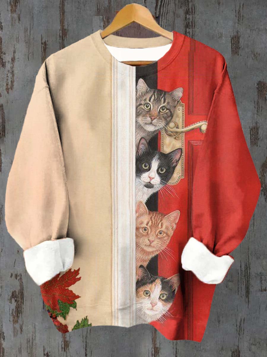 Unisex Fun Cat Contrast Pattern Casual Round Neck Long Sleeve Sweatshirt