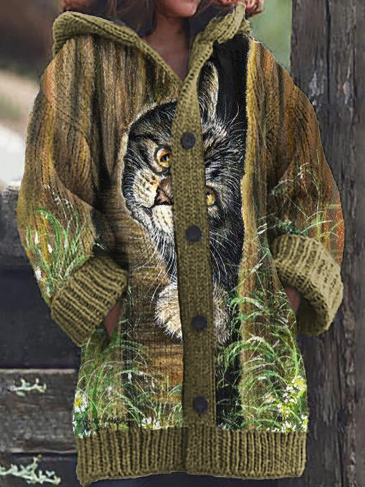 Women's Fun Tree Hole Cat Pattern Casual Comfortable Knitted Hooded Cardigan