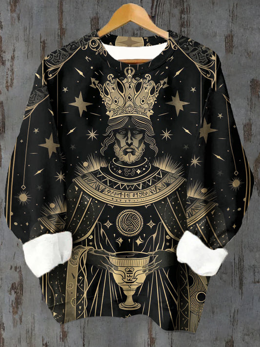 Unisex King and Cup Tarot Card Pattern Casual Round Neck Long Sleeve Sweatshirt