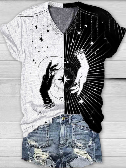 Unisex Tarot Card Divination Pattern Casual V-Neck Short Sleeve T-Shirt