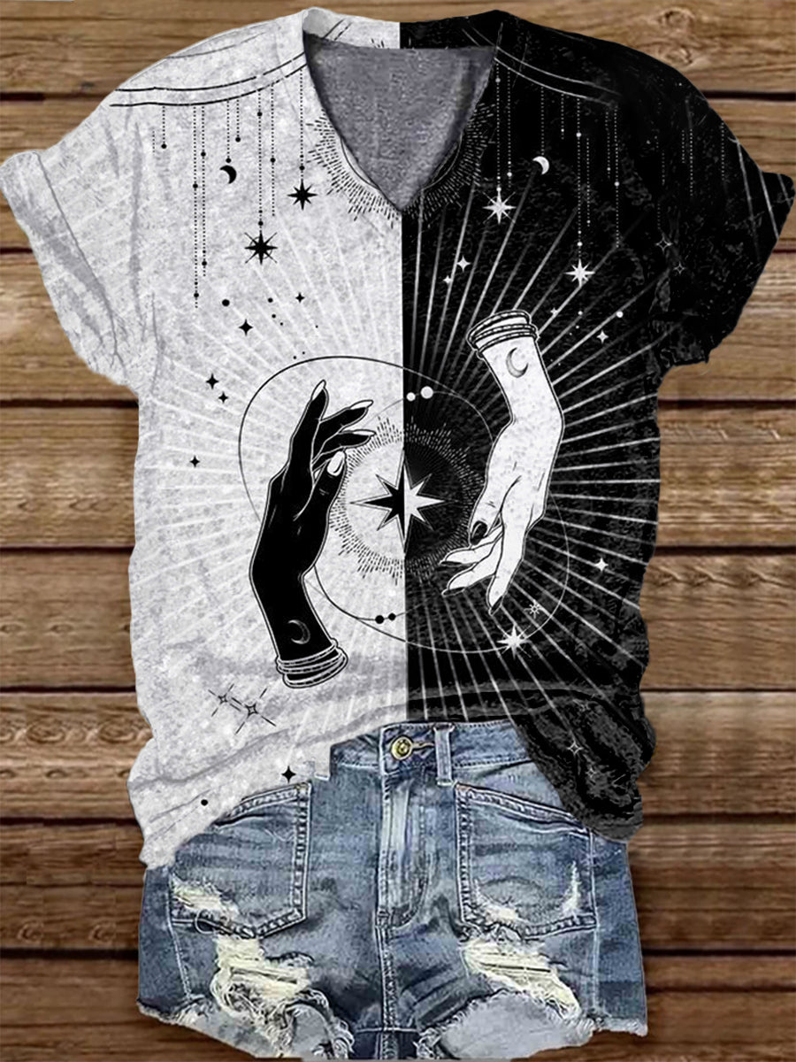 Unisex Tarot Card Divination Pattern Casual V-Neck Short Sleeve T-Shirt